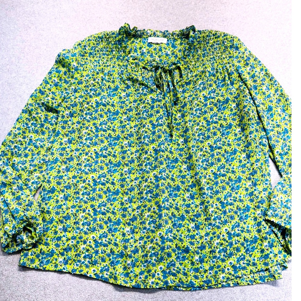 Rachel Zoe Floral Boho Peasant Blouse Womens Blue Yellow Smocked Top Cottagecore